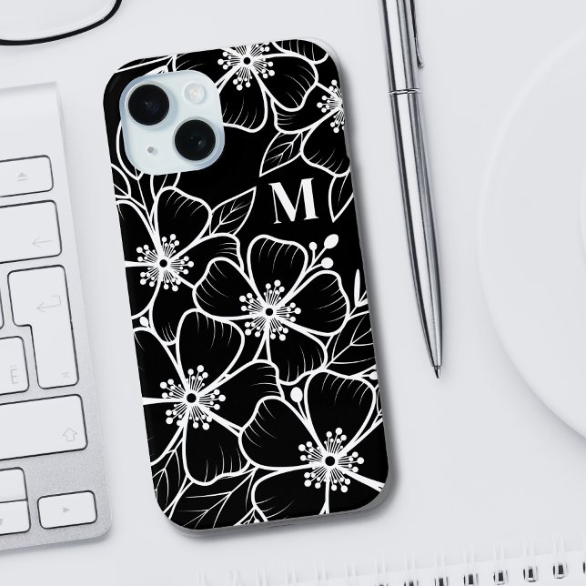 Black White Floral Monogram Initial iPhone 15 Case (Chic Black White Floral Monogram Initial iPhone 15 Case)