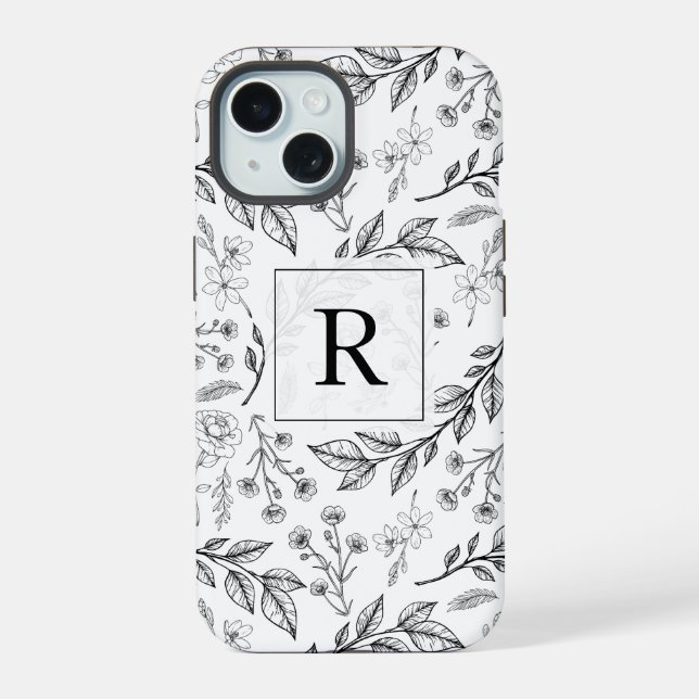 Black White Floral Monogram  iPhone 15 Case (Back)