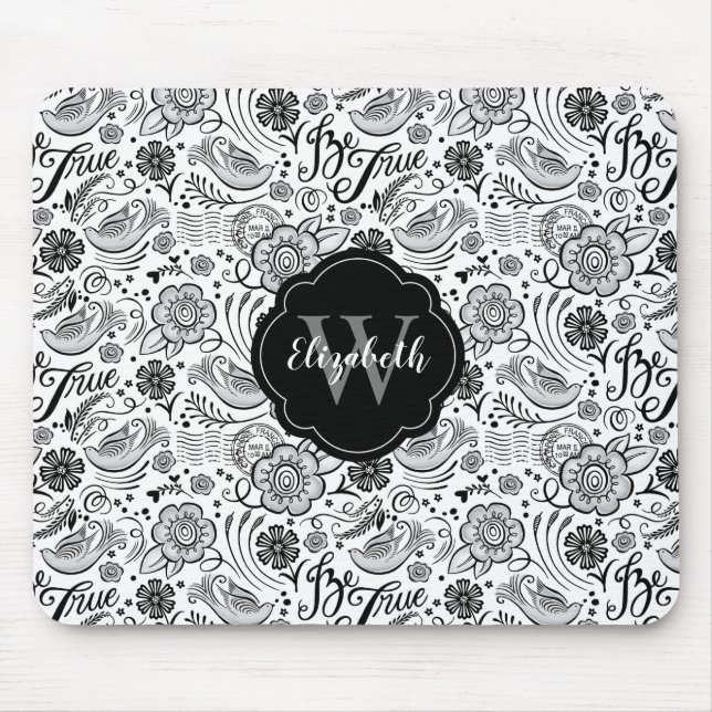 Black White Floral Monogram Mouse Mat (Front)