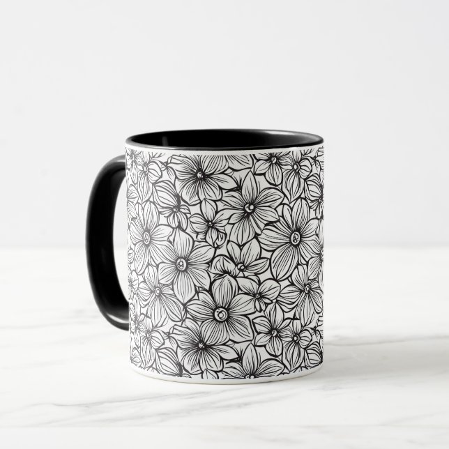 Black White Floral Mug (Front Left)