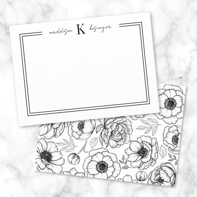 Black White Floral Name Monogram Card (Black White Floral Name Monogram Note Card )