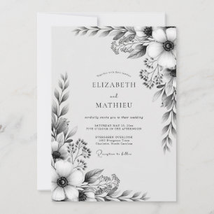 Black White Floral Nature Wedding Invitation