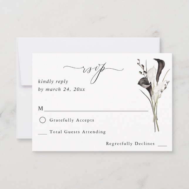 Black & White Floral no Meal RSVP 2 Card (Front)