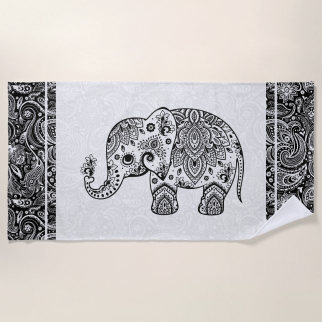 Black & White Floral Paisley Elephant Beach Towel (Front)