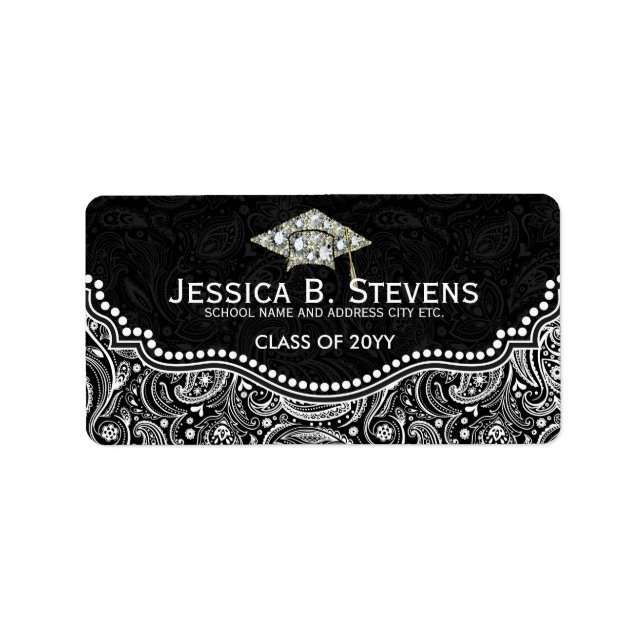 Black & White Floral Paisley Graduation Hat 2 Label (Front)