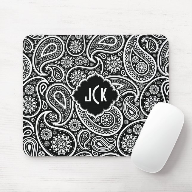 Black & White Floral Paisley Pattern Mouse Mat (With Mouse)