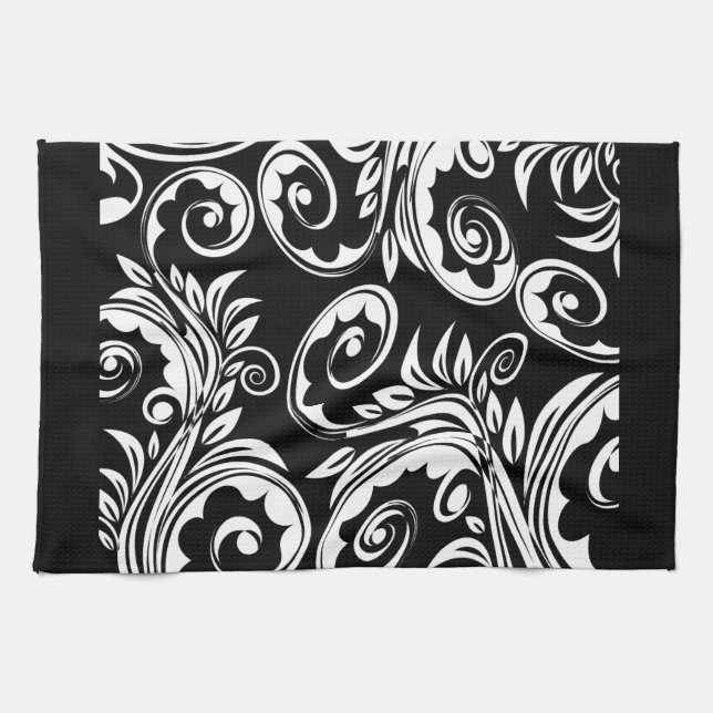 Black white floral paisley pattern tea towel (Horizontal)