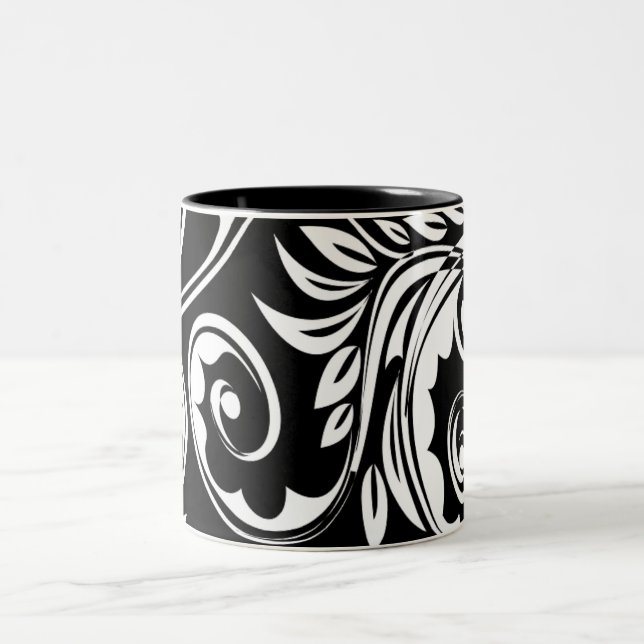 Black white floral paisley pattern Two-Tone coffee mug (Center)