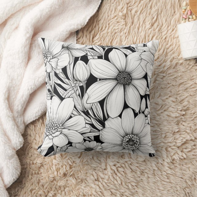 Black & White Floral Pattern Cushion (Blanket)
