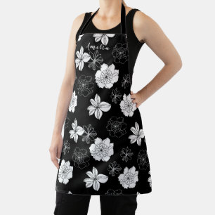 Black & White Floral Pattern Monogram Apron