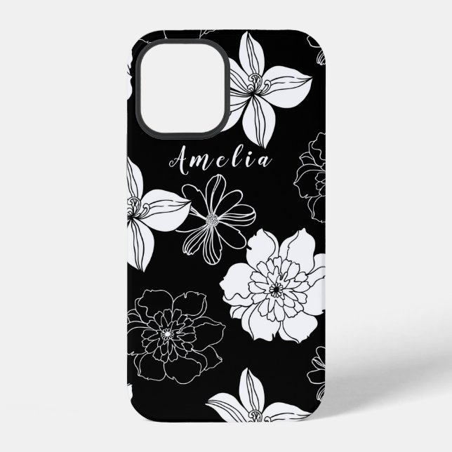 Black & White Floral Pattern Monogram iPhone Case (Back)