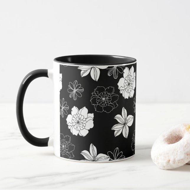 Black & White Floral Pattern Mug (With Donut)