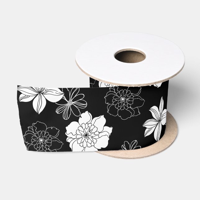 Black & White Floral Pattern Satin Ribbon (Spool)