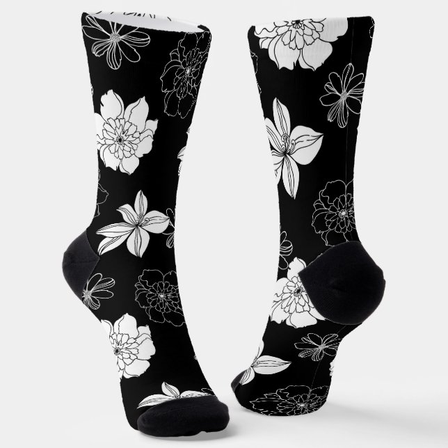 Black & White Floral Pattern Socks (Angled)