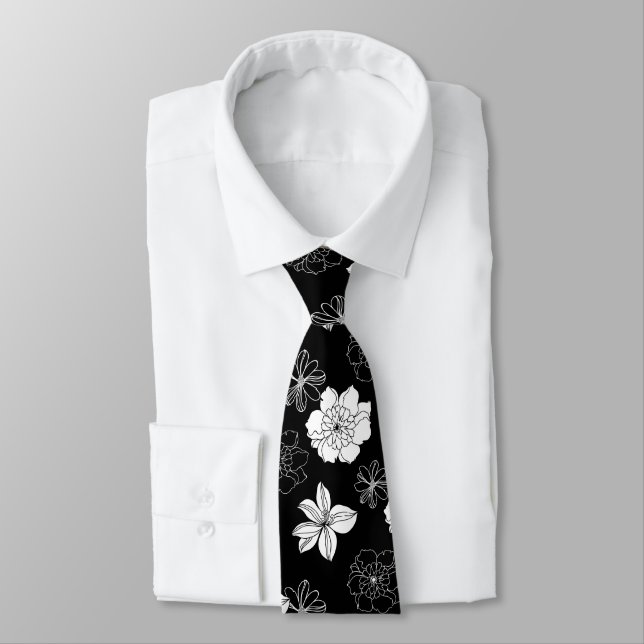 Black & White Floral Pattern Tie (Tied)