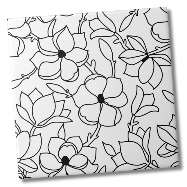 Black White Floral Pattern Tile (Whimsical Chic Black White Floral Ceramic Tile)
