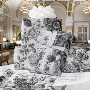 Black & White Floral Peonies Dahlias Asters Roses Wrapping Paper Sheet