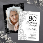 Black White Floral Photo 80th Birthday Party Invitation<br><div class="desc">Black white floral 80th Birthday party invitation with your photo at the back of the card. Elegant modern design featuring botanical outline drawings accents and typography script font. Simple trendy invite card perfect for a stylish female bday celebration. Can be customised to any age. Printed Zazzle invitations or instant download...</div>