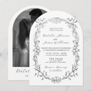 Black White Floral Photo Arched Old Money Wedding Invitation