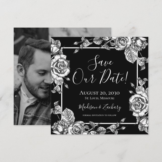 Black White Floral Photo Save Our Date Invitation (Front/Back)