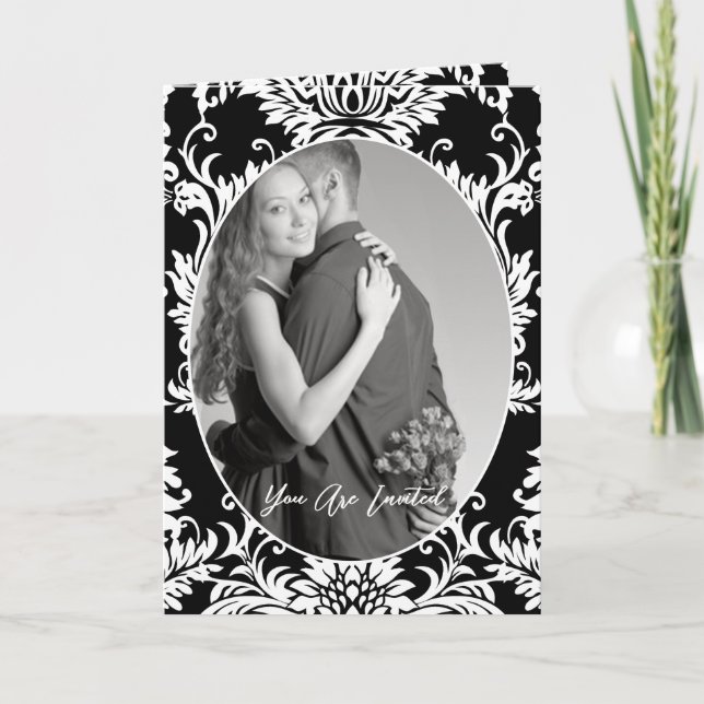 Black & White Floral Photo Wedding Bi-fold Invitation (Front)