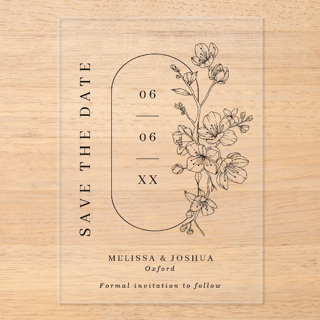 Black & White Floral Photo Wedding Save the Date Acrylic Invitations (Front)