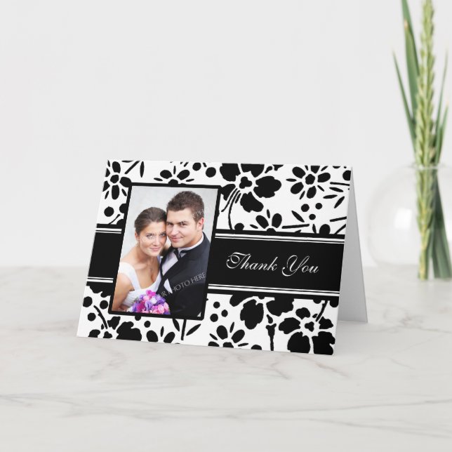 Black & White Floral Photo Wedding Thank You Card (Front)