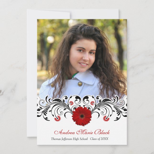 Black White Floral Red Daisy Graduation Invitation (Front)