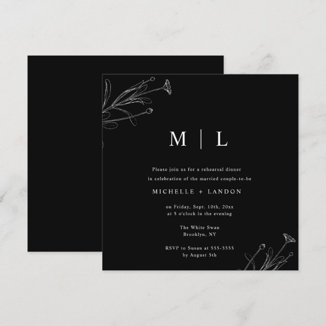 Black & White Floral Rehearsal Dinner Invitation (Front/Back)