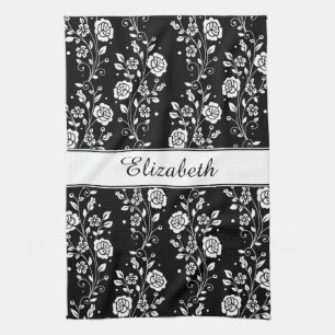 Black & White Floral Rose Pattern Name Print Tea Towel