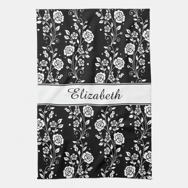 Black & White Floral Rose Pattern Name Print Tea Towel (Vertical)