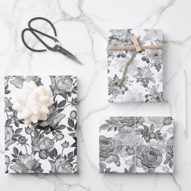 Black White Floral Rose Wrapping Paper Set of 3 (Front)