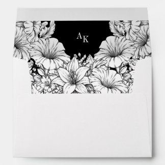  Black White Floral Rustic Monogram Wedding Envelope