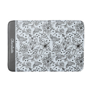 Black & white floral seamless pattern with name bath mat
