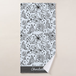 Black & white floral seamless pattern with name bath towel