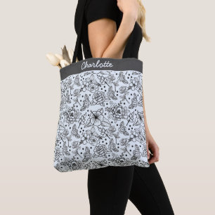 Black & white floral seamless pattern with name tote bag
