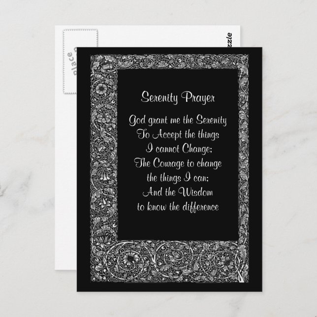 Black White Floral Serenity Prayer Postcard (Front/Back)