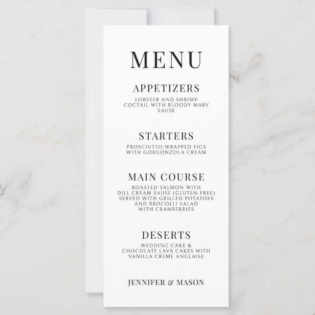 Black white floral simple wedding menu cards (Front)