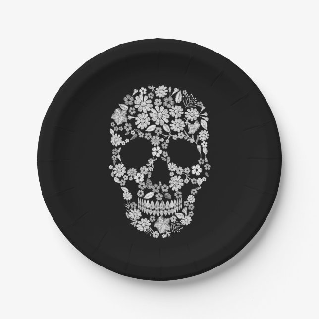 Black White Floral Skull Halloween Paper Plate (Front)