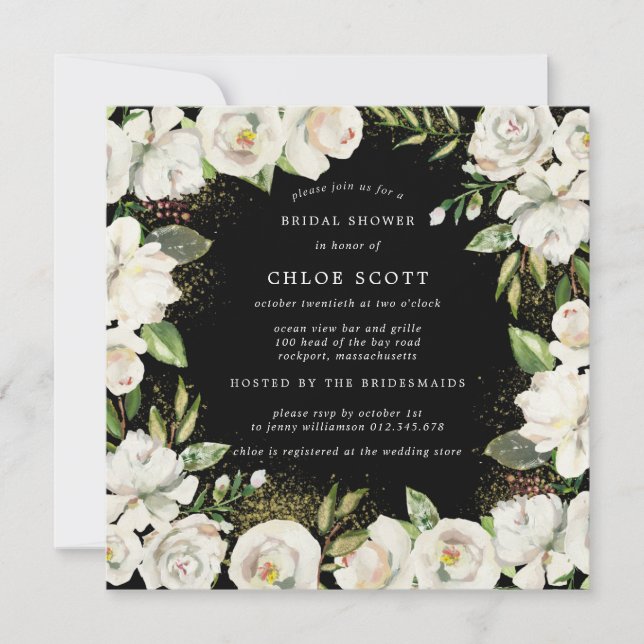 Black White Floral Square Bridal Shower Invitation (Front)
