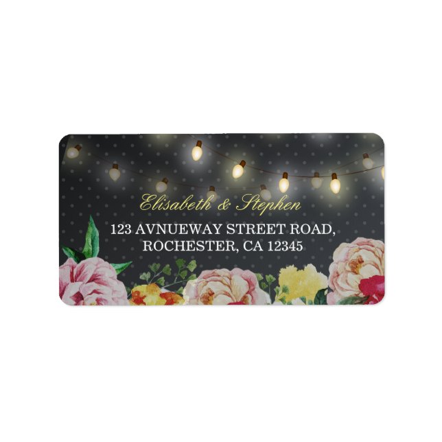 Black White Floral String Light Polka Dots Wedding Label (Front)