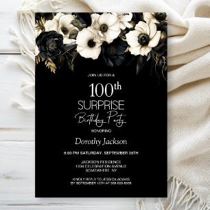 Black White Floral Surprise 100th Birthday Party Invitation