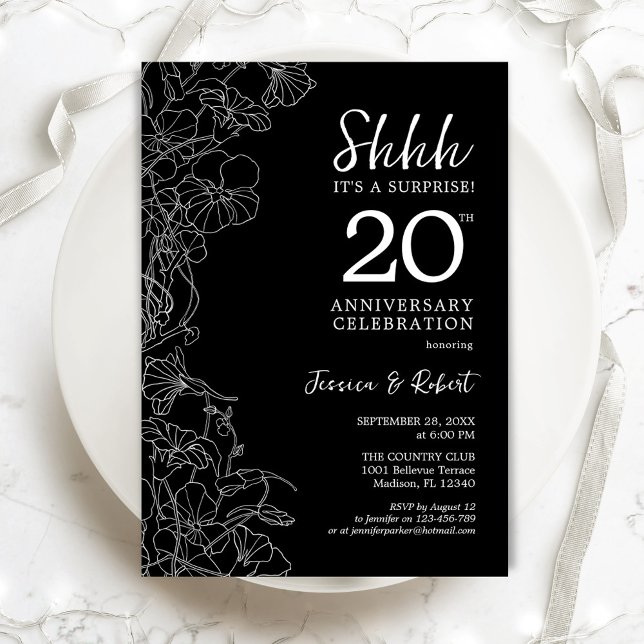Black White Floral Surprise 20th Anniversary Invitation (Creator Uploaded)