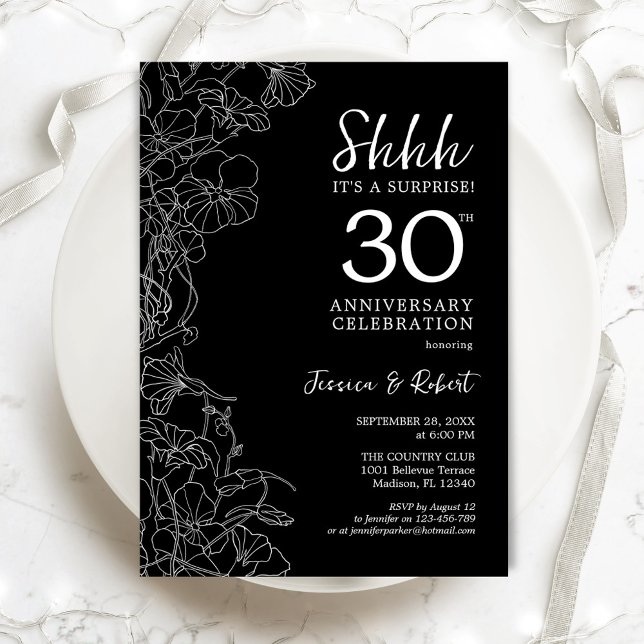 Black White Floral Surprise 30th Anniversary Invitation (Creator Uploaded)