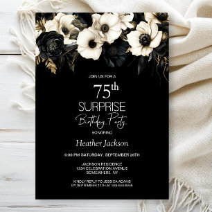 Black White Floral Surprise 75th Birthday Party Invitation
