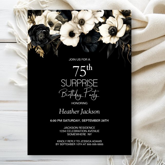 Black White Floral Surprise 75th Birthday Party Invitation (Creator Uploaded)