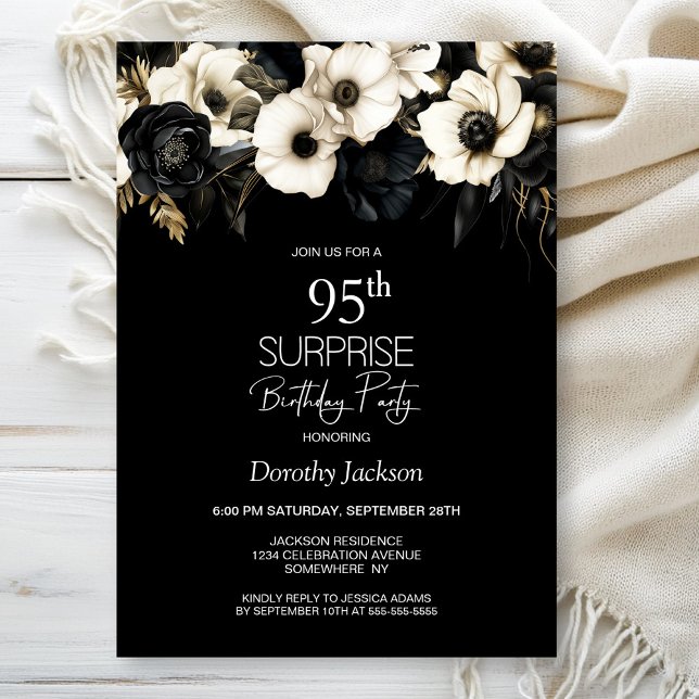 Black White Floral Surprise 95th Birthday Party Invitation (Creator Uploaded)