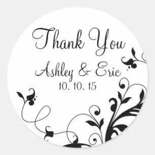 Black White Floral Swirl Wedding Favour Sticker