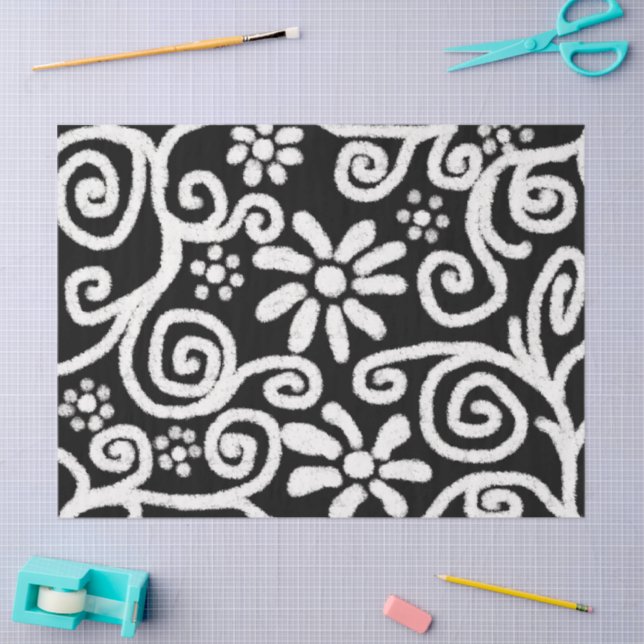 Black White Floral Swirls Flowers Decoupage Tissue Paper (Craft)