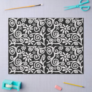 Black White Floral Swirls Flowers Decoupage Tissue Paper